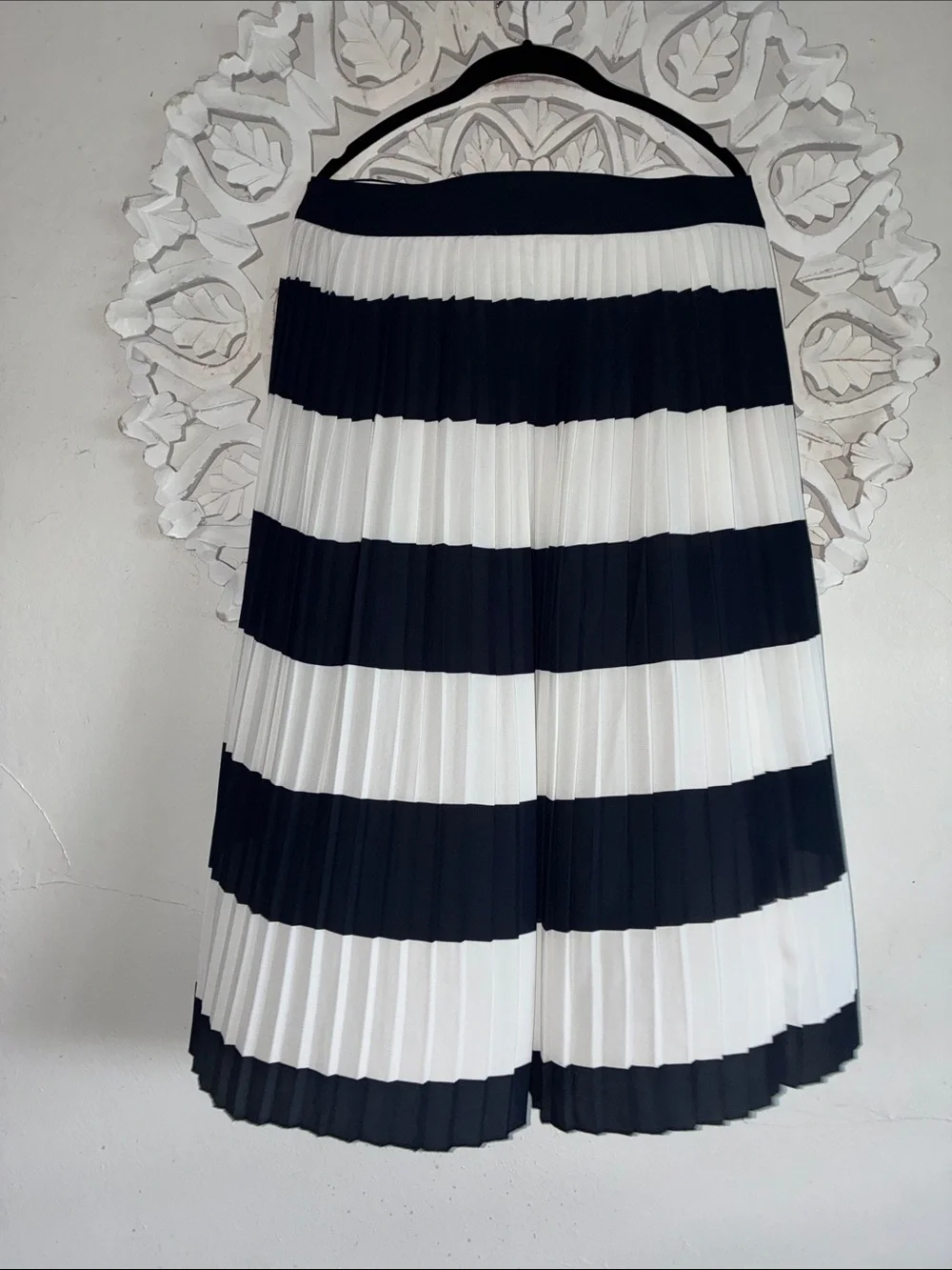 J. Crew Black and White Striped Pleated Midi Skirt